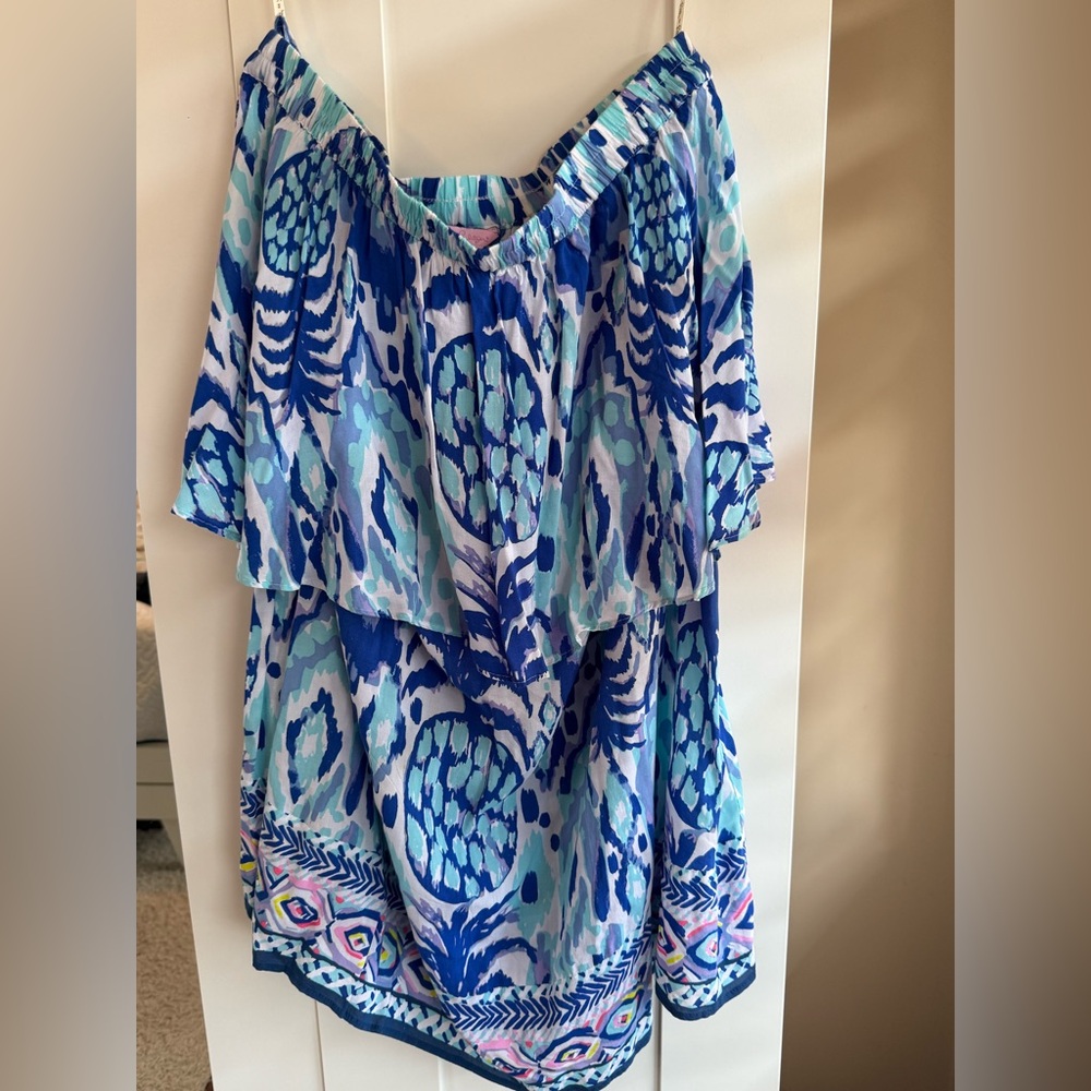 Lilly Pulitzer Blue and White Off-Shoulder Top